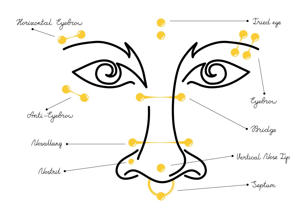 International body piercing day. Icon eyebrow and nose jewelry. vector Line art face illustration.